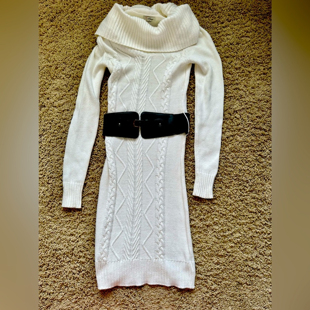 White cable knit sweater dress with belt.